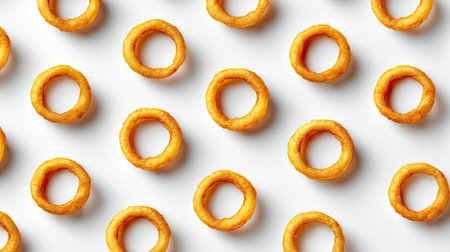 This image features an appealing arrangement of crispy, golden onion rings on a light background, perfect for illustrating food concepts. Ideal for culinary and snack-related themes.の素材