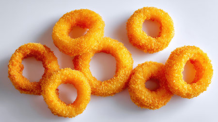 A vibrant display of colorful, crispy ring-shaped snacks arranged on a white surface, offering a delightful and appetizing look for culinary enthusiasts.の素材