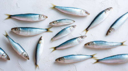 A visually appealing arrangement of fresh small fish on a light textured surface, highlighting the beauty of seafood and its culinary potential. Perfect for food-related themes.の素材