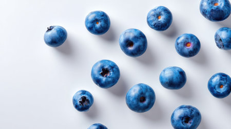 A vibrant arrangement of fresh blueberries scattered on a clean white background, showcasing their natural beauty and rich color, perfect for health-focused recipes.の素材