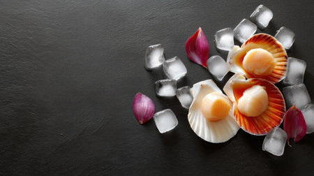 This visually appealing composition features fresh scallops on ice, elegantly arranged with delicate rose petals on a slate background, perfect for gourmet seafood presentations.の素材