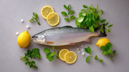 A vibrant arrangement of fresh rainbow trout, lemon slices, and assorted herbs on a gray background, perfect for culinary projects and healthy recipes.の素材