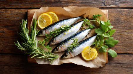 This beautiful image showcases freshly caught mackerel, adorned with lemon slices and vibrant herbs on a rustic wooden board, ideal for culinary projects.の素材