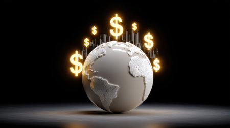 This striking image features a 3D globe surrounded by vibrant dollar signs, symbolizing global finance and the pursuit of wealth in a modern world.の素材