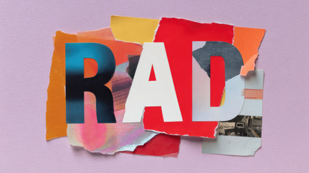 This vibrant collage artwork features the bold word "RAD" crafted from various textures and colors. Set against a soft pink background, it captures the essence of creativity and modern aesthetics, making it a perfect visual statement for art lovers and designers.の素材