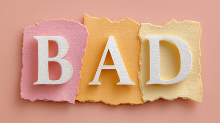 A vibrant arrangement of colorful paper scraps featuring bold letters spelling "BAD." The design offers a playful and artistic aesthetic for creative projects.の素材