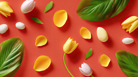 A vibrant flatlay of colorful tulips, leaves, decorative eggs, and petals on a bright orange background, showcasing the essence of spring and celebration.の素材