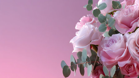 A stunning arrangement of delicate pink roses complemented by eucalyptus leaves set against a soft gradient background. Perfect for floral decoration, romantic events, or nature-themed projects.の素材