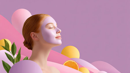 A serene woman enjoys a skincare treatment with a facial mask, surrounded by colorful elements and fresh fruits, embodying beauty and tranquility.の素材