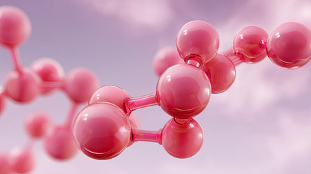 Fascinating 3D illustration of pink molecules floating against a dreamy background. Perfect for scientific themes, technology concepts, or creative projects.の素材