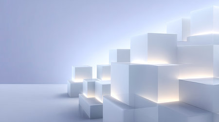 A collection of white cubes arranged artistically, creating a modern and minimalist scene. Soft lighting highlights the clean shapes for a serene atmosphere.の素材