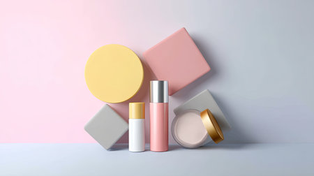 A curated arrangement of contemporary cosmetic products set against a soft pastel background, ideal for beauty and skincare marketing materials.の素材