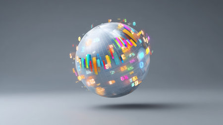 This striking image features a colorful sphere filled with dynamic bar graphs and numeric displays, representing modern data visualization and analytics in a captivating way.の素材