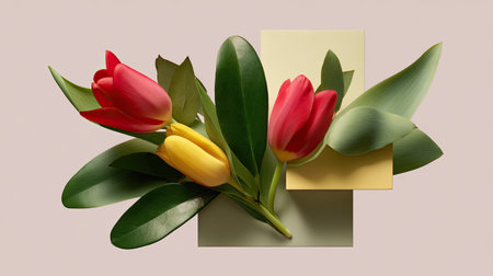 This stunning image features vibrant red and yellow tulips surrounded by lush green leaves, complemented by abstract geometric shapes. Perfect for nature-themed projects.の素材