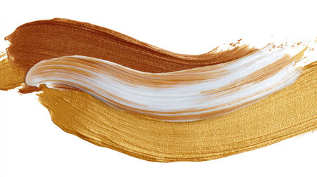 This image features dynamic abstract paint strokes in warm gold, brown, and white hues on a pristine background, ideal for design projects.の素材