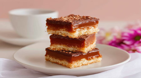 A close-up image of three delicious caramel dessert squares stacked neatly on a soft plate, accompanied by a cup of coffee and flowers, creating an inviting scene.の素材
