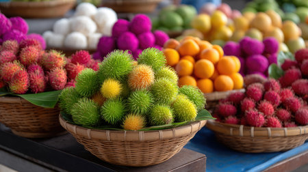 A captivating display of assorted tropical fruits arranged in woven baskets at a bustling market. The vibrant colors and unique textures showcase the natural beauty of fresh produce.の素材