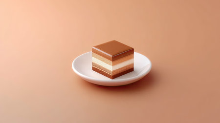 A beautifully presented slice of layered cake on a white plate, showcasing a perfect blend of chocolate and cream against a soft orange backdrop.の素材