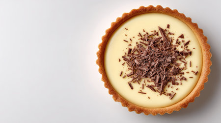 This enticing dessert features a creamy tart topped with rich chocolate shavings, presented beautifully against a light background, perfect for culinary showcases.の素材