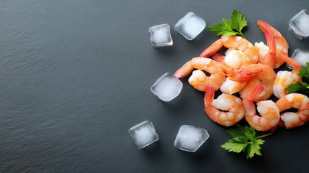 A stunning arrangement of fresh cooked shrimp garnished with green leaves and surrounded by ice cubes, perfect for seafood lovers and gourmet dishes.の素材