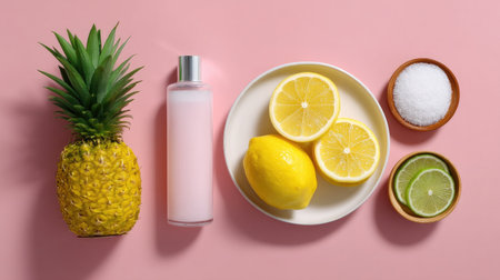 Vibrant arrangement featuring a pineapple, lemons, limes, salt, and a bottle on a pink background. Ideal for culinary, wellness, and lifestyle themes.の素材