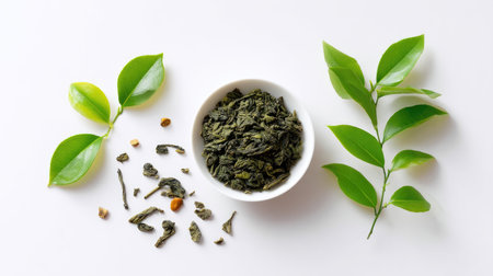 This image showcases dried green tea leaves in a bowl, accompanied by fresh green tea leaves, beautifully arranged on a white background, emphasizing freshness and health.の素材