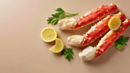 Vibrant Alaskan crab legs paired with fresh lemon slices and green parsley on a simple beige background, perfect for culinary presentations or food-related projects.の素材