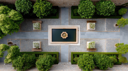 This stunning aerial view captures a beautifully designed garden featuring a central fountain, surrounded by lush greenery and decorative shrubs.の素材