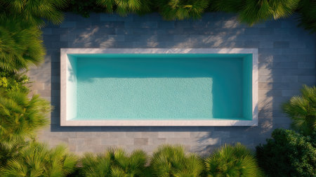 This aerial view captures a modern swimming pool nestled among lush green vegetation, offering tranquility and relaxation in a bright, sunlit environment.の素材
