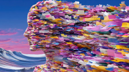 This striking abstract artwork features a colorful female profile merging with dynamic waves, representing emotion and movement in a surreal artistic landscape.の素材