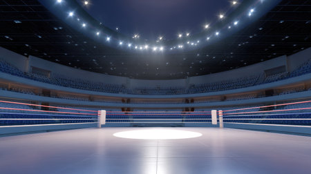 This image captures an empty boxing arena with bright lights illuminating the ring, signifying anticipation for an upcoming match event in a modern venue.の素材