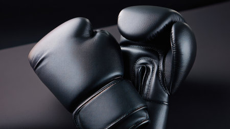 This image features a close-up of sleek black boxing gloves resting against a dark backdrop, perfect for illustrating themes of sports, fitness, and determination.の素材