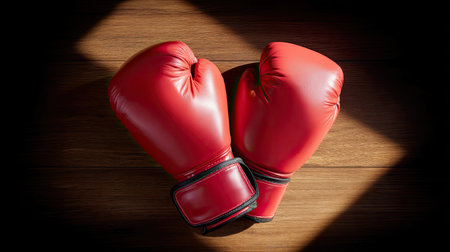 A pair of vibrant red boxing gloves rests on a polished wooden surface, illuminated by soft lighting creating beautiful shadows, showcasing sports gear.の素材