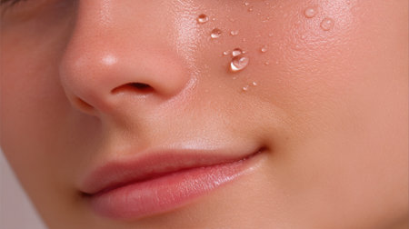 A close-up view showcasing the smooth texture of skin adorned with tiny water droplets, illustrating freshness, hydration, and natural beauty.の素材