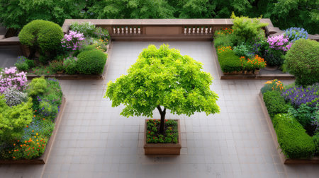 A vibrant urban garden terrace featuring a central tree surrounded by colorful flowers and lush greenery, creating a serene outdoor space for relaxation.の素材