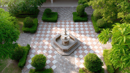This image captures a tranquil garden featuring a decorative fountain at the center, nestled among lush greenery and patterned pavement, ideal for relaxation.の素材