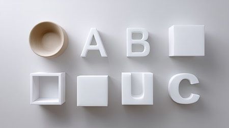 A clean and minimalist flat lay featuring geometric shapes and letters arranged artistically on a soft background, perfect for design inspiration.の素材