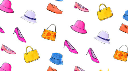 This vibrant illustration showcases a playful pattern of stylish hats, shoes, and handbags, perfect for fashion-related projects or backgrounds.の素材
