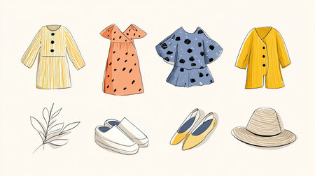 Explore a charming collection of hand-drawn summer fashion, showcasing playful dresses, stylish shoes, and trendy accessories for a fresh seasonal look.の素材