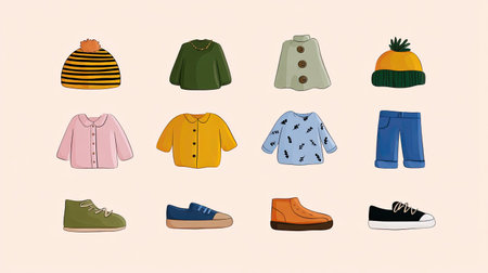 This illustration showcases a charming collection of hand-drawn clothing and footwear, ideal for fashion projects, advertisements, and childrenの素材