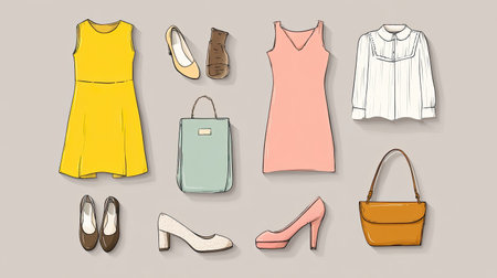 Explore a collection of stylish fashion items and accessories, including vibrant dresses, chic shoes, and trendy bags for a perfect seasonal update.の素材
