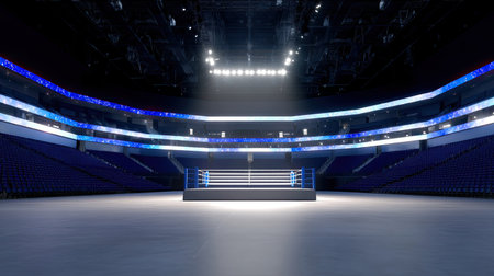 A spacious boxing arena featuring bright lights illuminating a central ring. The empty venue is ready for an exciting match, showcasing modern design elements.の素材