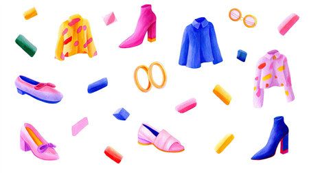 This vibrant illustration features a collection of stylish fashion items, including shoes and accessories on a clean white background, perfect for creative projects.の素材