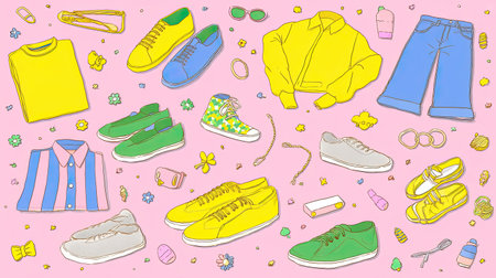 This vibrant flat lay showcases a variety of trendy footwear and apparel against a playful pink background, perfect for summer fashion inspiration.の素材