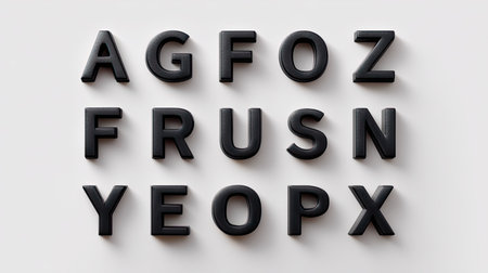 A visually striking arrangement of black 3D letters placed against a white background, perfect for creative projects, educational materials, or graphic design.の素材