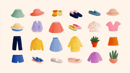 This image features a colorful array of summer clothing and accessories, showcasing hats, footwear, and stylish outfits in a playful flat design. Perfect for fashion themes.の素材
