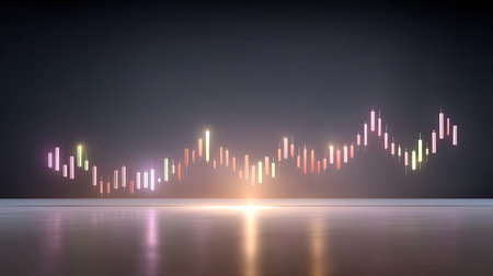 This vibrant abstract image showcases a chart representing financial trends with colorful data points, highlighting analysis and growth in a modern style.の素材