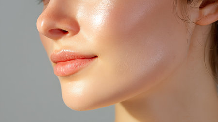 Captivating close-up portrait of a young woman's face showcasing her smooth skin, radiant glow, and soft lighting that enhances her natural beauty.の素材