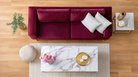 A captivating modern living room featuring a chic burgundy sofa adorned with soft pillows. The stylish coffee table showcases elegant decor, creating a cozy atmosphere.の素材