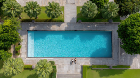 Captured from above, this breathtaking image showcases a tranquil swimming pool framed by vibrant greenery and palm trees, ideal for relaxation.の素材